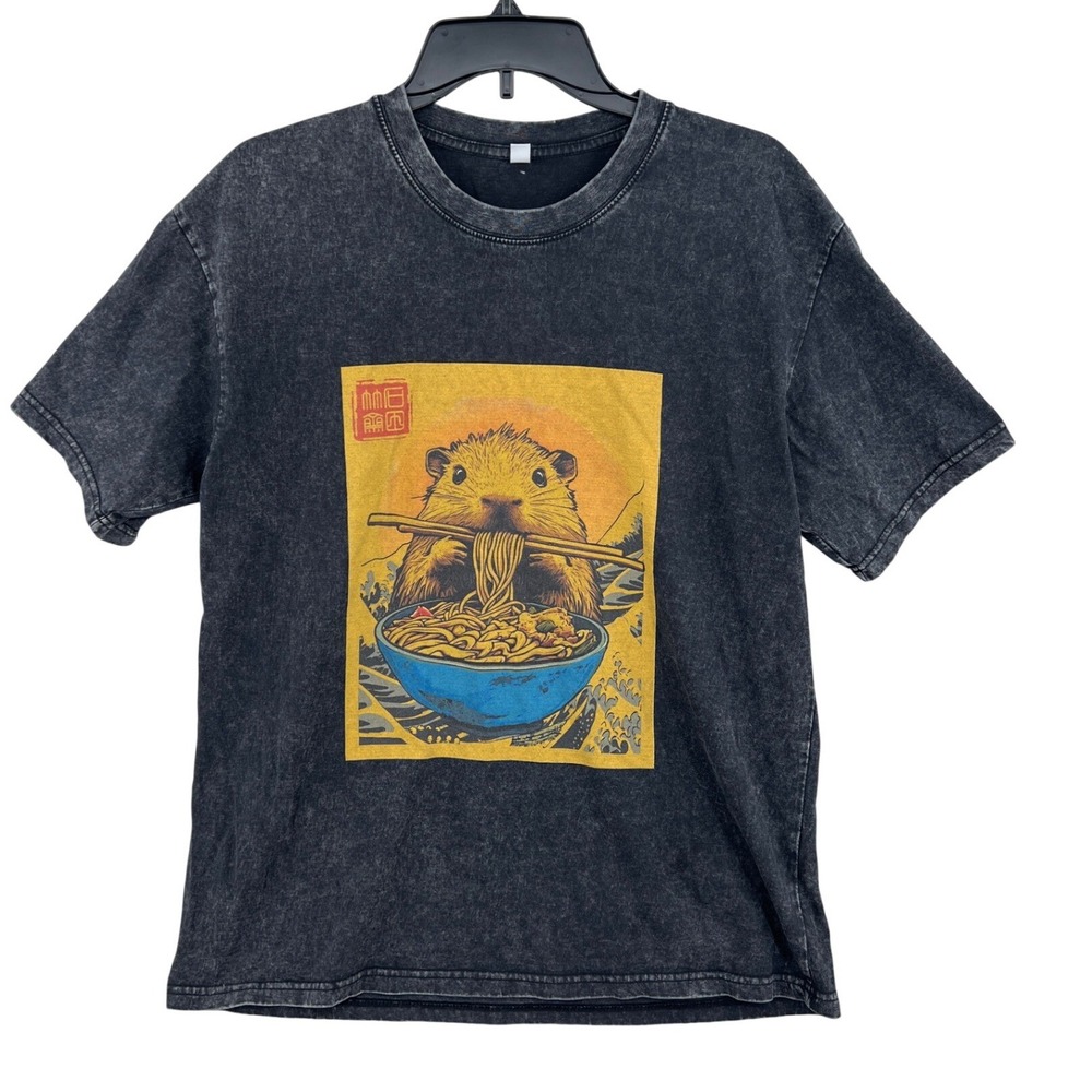Oversized Capybara Ramen Graphic T-Shirt Mens S Charcoal‎ Acid Wash Vintage